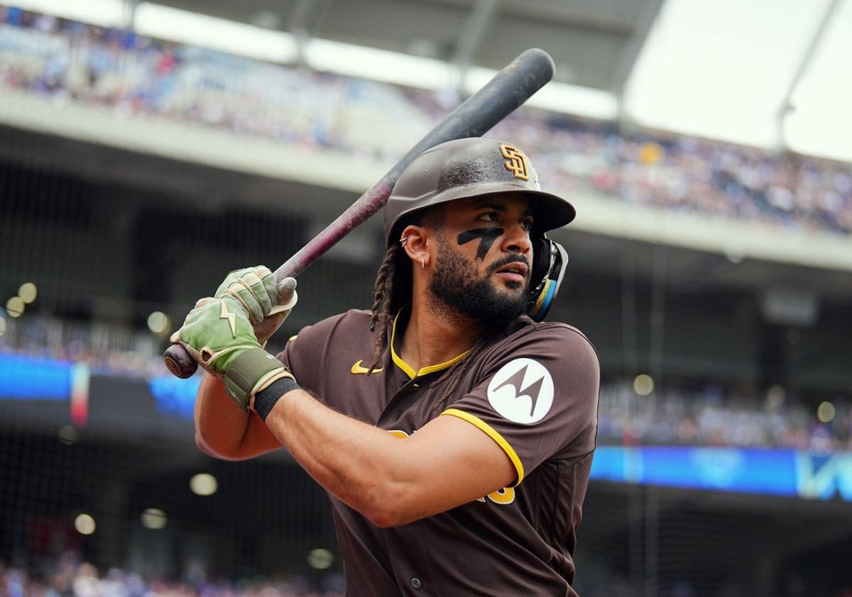 Jul 18, 2026; Kansas City, Missouri, USA; San Diego Padres right fielder Fernando Tatis Jr. (23) gets ready to bat during the first inning against the Kansas City Royals at Kauffman Stadium. Mandatory Credit: Jay Biggerstaff-Imagn Images