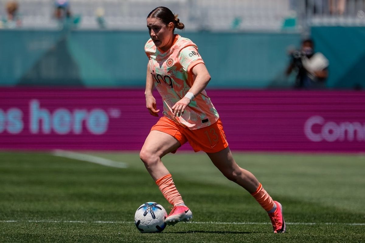 Jul 18, 2026; Centennial, Colorado, USA; Portland Thorns FC midfielder Olivia Moultrie (13) controls the ball in the second half against the Denver Summit FC at Centennial Stadium. Mandatory Credit: Isaiah J. Downing-Imagn Images