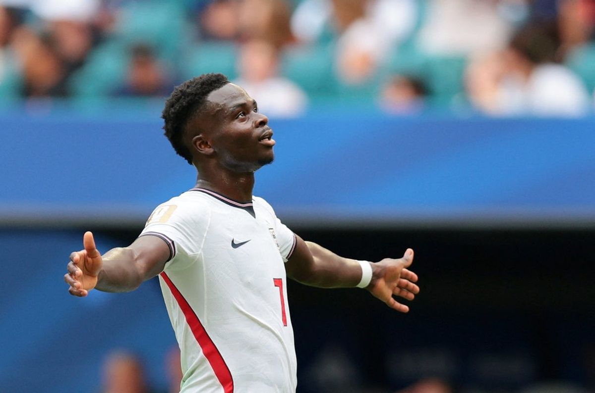 July 18, 2026; Miami Gardens, Florida, U.S.; England's Bukayo Saka celebrates scoring their third goal.  Mandatory Credit: Sam Navarro-Imagn Images