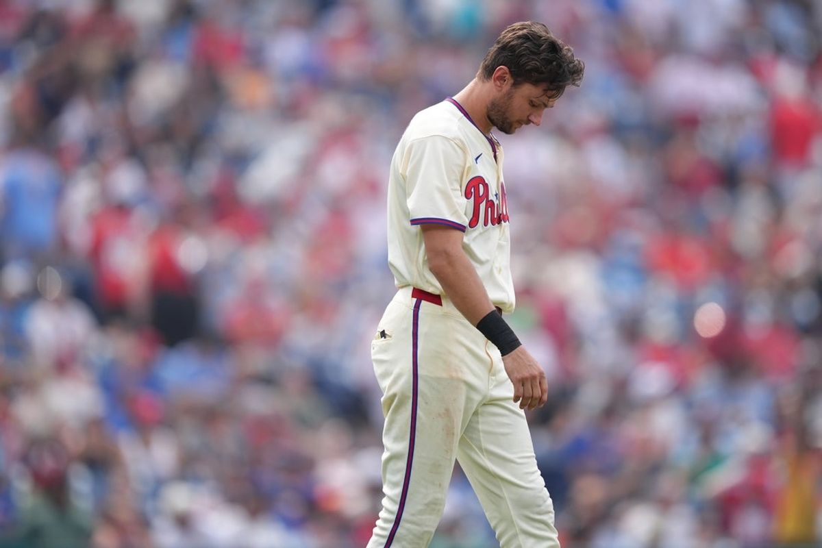 Jul 18, 2026; Philadelphia, Pennsylvania, USA; Philadelphia Phillies infielder Trea Turner (7) reacts against the New York Mets in the second inning at Citizens Bank Park. Mandatory Credit: Kyle Ross-Imagn Images