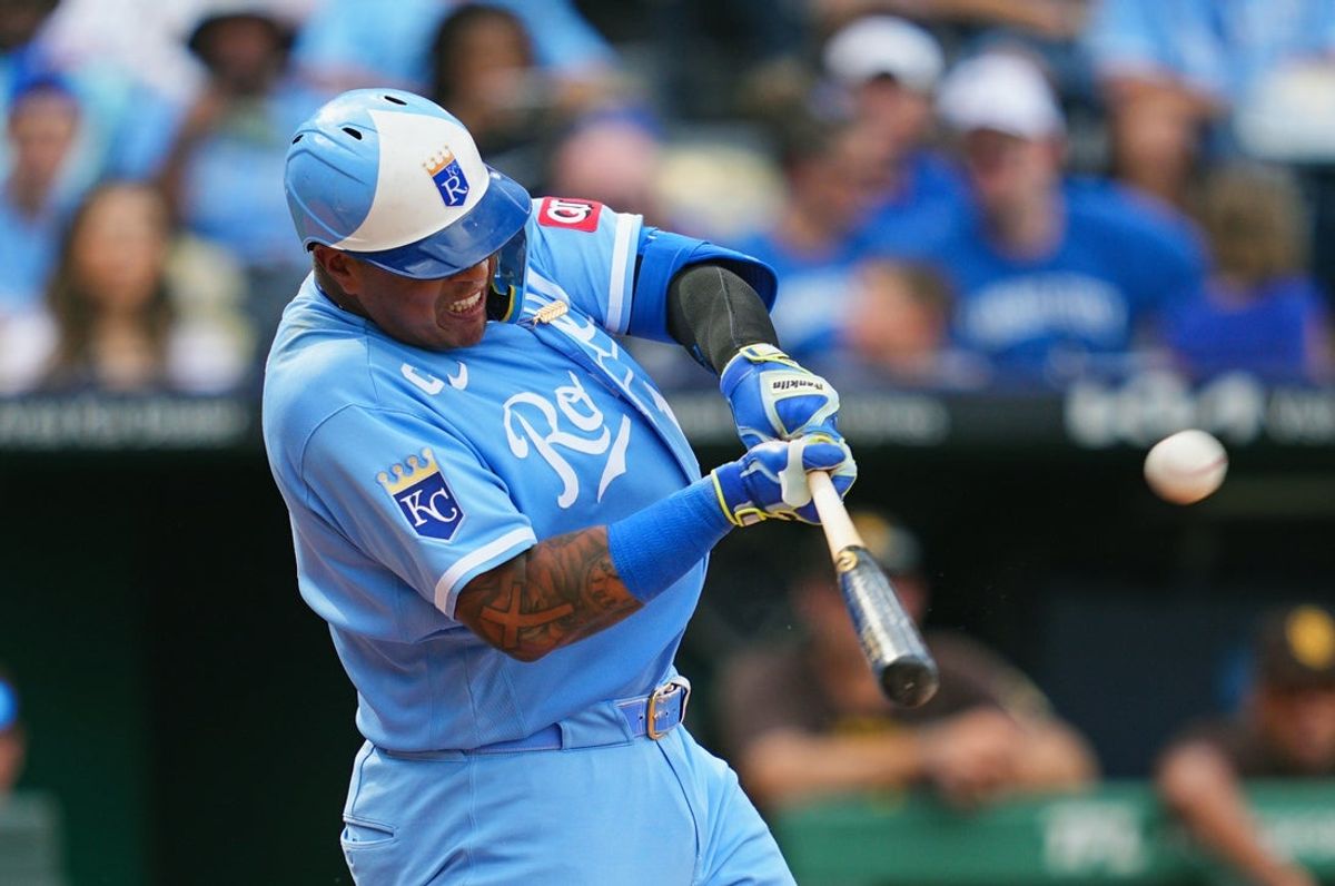 Jul 18, 2026; Kansas City, Missouri, USA; Kansas City Royals designated hitter Salvador Perez (13) hits a home run during the sixth inning against the San Diego Padres at Kauffman Stadium. Mandatory Credit: Jay Biggerstaff-Imagn Images