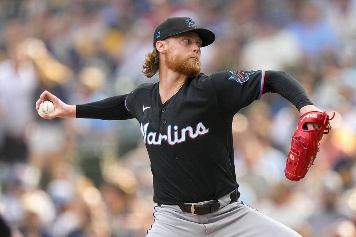 Jul 18, 2026; Milwaukee, Wisconsin, USA;  Miami Marlins pitcher Max Meyer (23) throws a pitch during the third inning against the Milwaukee Brewers at American Family Field. Mandatory Credit: Jeff Hanisch-Imagn Images