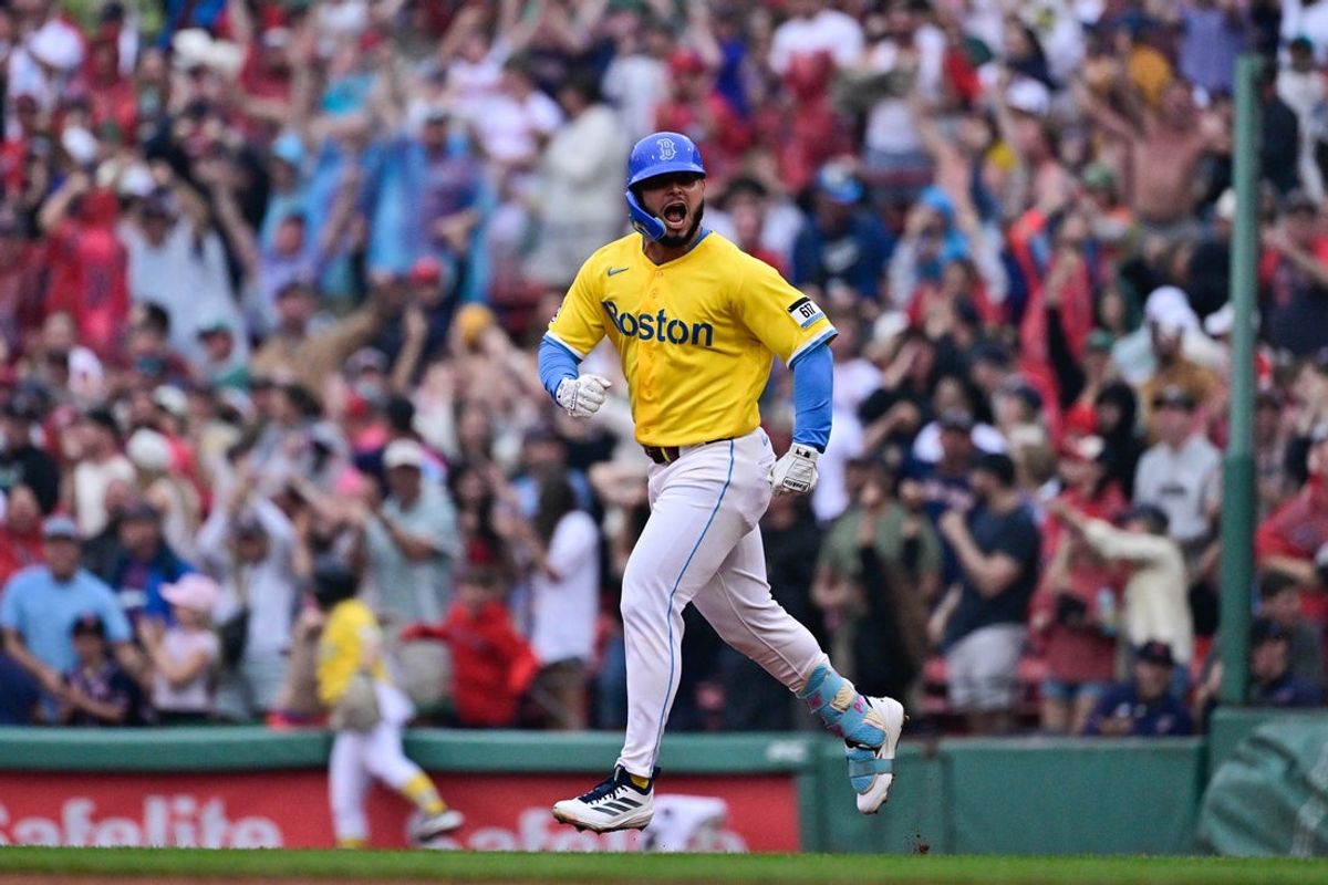 Jul 18, 2026; Boston, Massachusetts, USA; Boston Red Sox right fielder Wilyer Abreu (52) reacts to his two run home run against the Tampa Bay Rays during the seventh inning at Fenway Park. Mandatory Credit: Eric Canha-Imagn Images