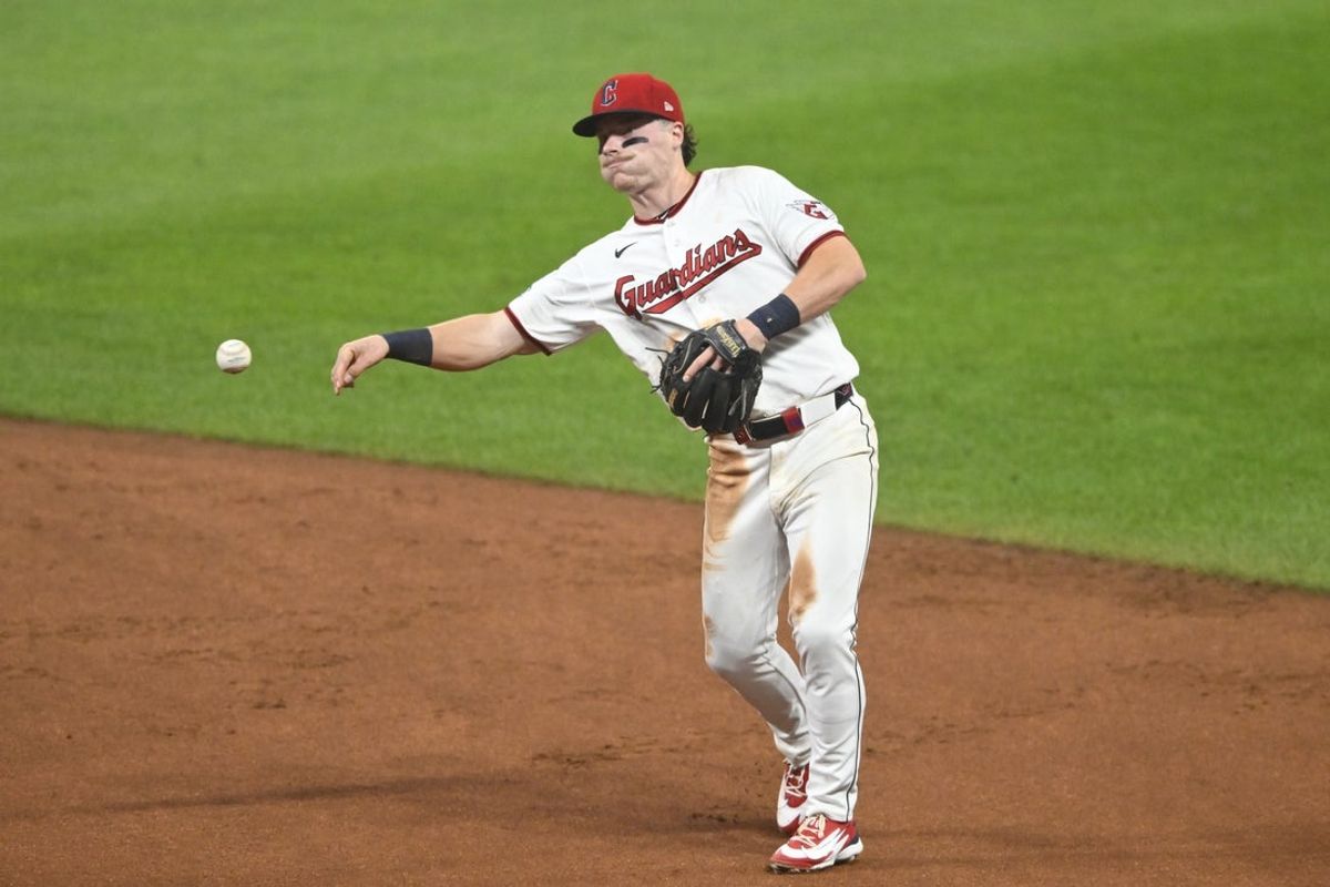 Jul 18, 2026; Cleveland, Ohio, USA; Cleveland Guardians second baseman Travis Bazzana (37) throws to first base in the third inning against the Pittsburgh Pirates at Progressive Field. Mandatory Credit: David Richard-Imagn Images