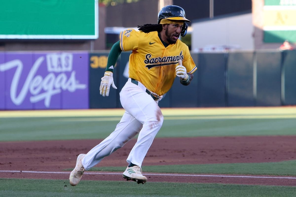 Jul 18, 2026; West Sacramento, California, USA; Athletics third baseman Joshua Kuroda-Grauer (44) scores a run against the Washington Nationals during the first inning at Sutter Health Park. Mandatory Credit: Dennis Lee-Imagn Images