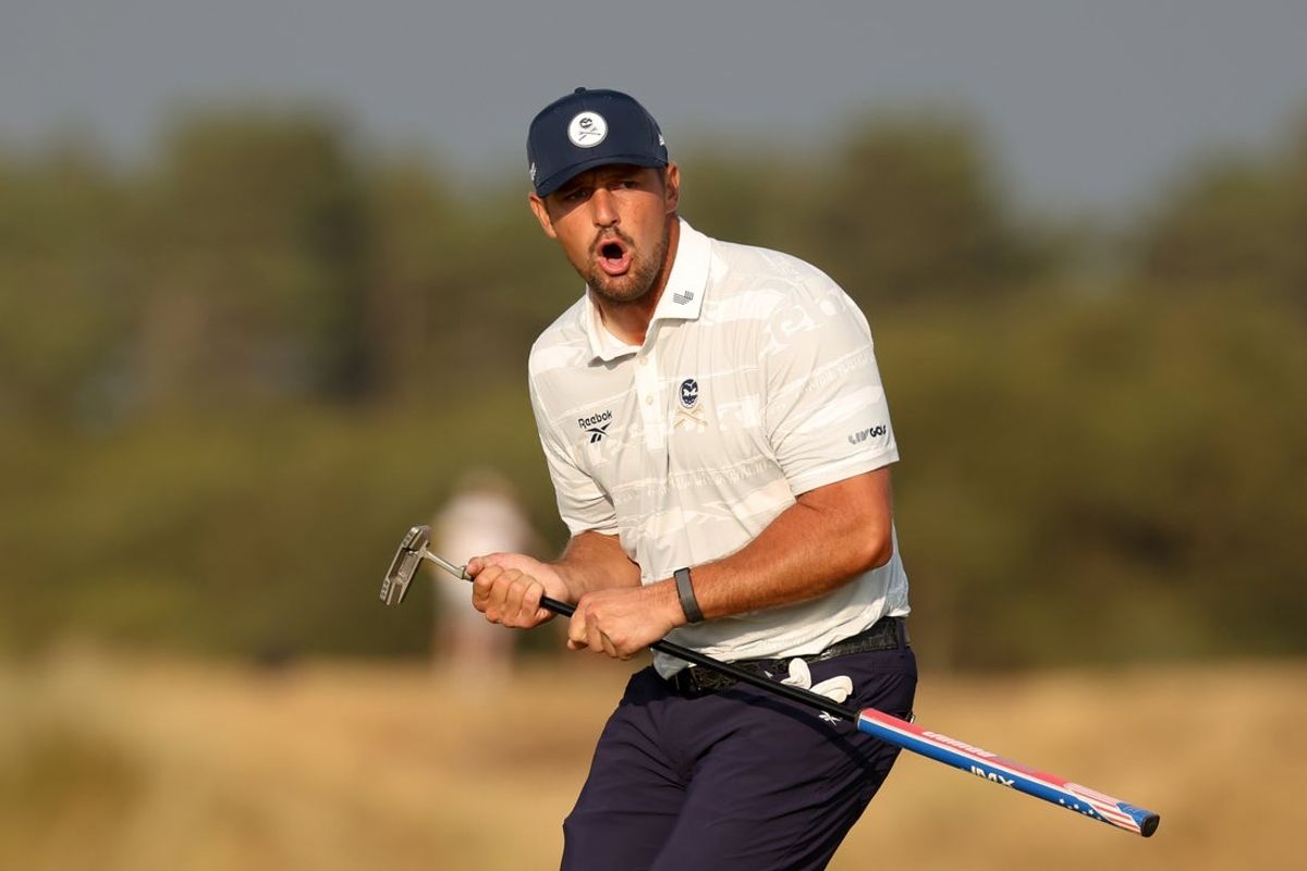 Jul 18, 2026; Southport, ENG; Bryson DeChambeau reacts to a near miss on the 16th green during the third round of The Open Championship golf tournament at Royal Birkdale. Mandatory Credit: Bill Streicher-Imagn Images