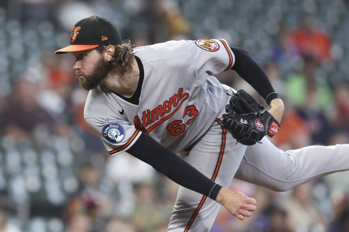 Jul 19, 2026; Houston, Texas, USA; Baltimore Orioles starting pitcher Brandon Young (63) delivers a pitch during the first inning against the Houston Astros at Daikin Park. Mandatory Credit: Troy Taormina-Imagn Images