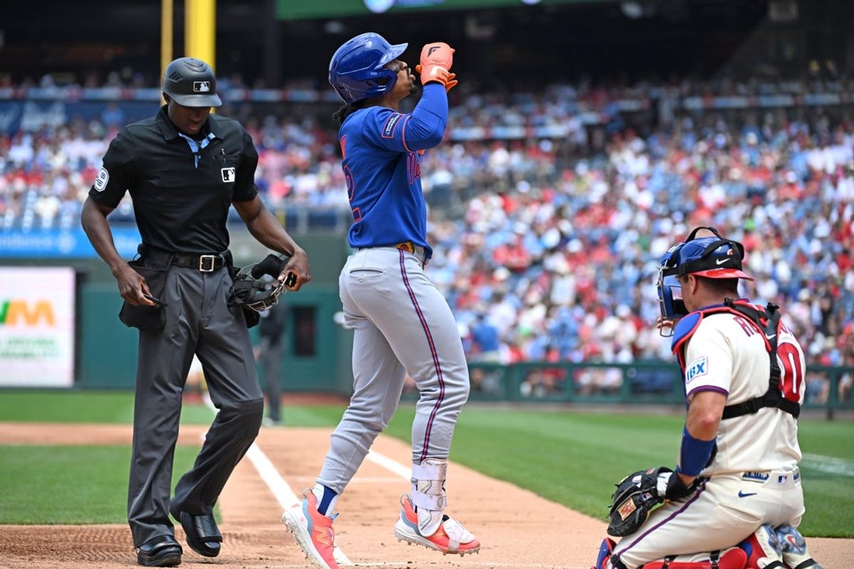 Jul 19, 2026; Philadelphia, Pennsylvania, USA; New York Mets shortstop Francisco Lindor (12) celebrates after hitting a two-run home run during the first inning against the Philadelphia Phillies at Citizens Bank Park. Mandatory Credit: Eric Hartline-Imagn Images