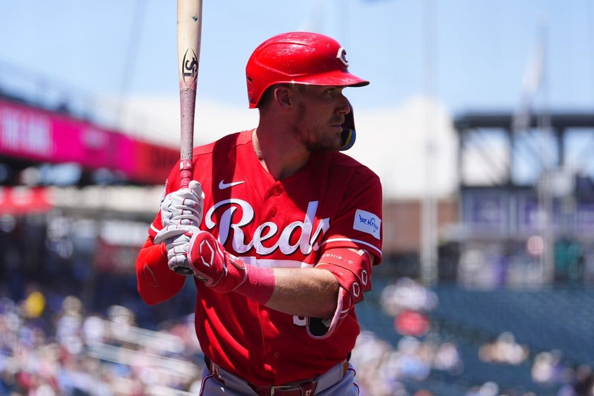 Jul 19, 2026; Denver, Colorado, USA; Cincinnati Reds catcher Tyler Stephenson (37) on deck in the first inning against the Colorado Rockies at Coors Field. Mandatory Credit: Ron Chenoy-Imagn Images