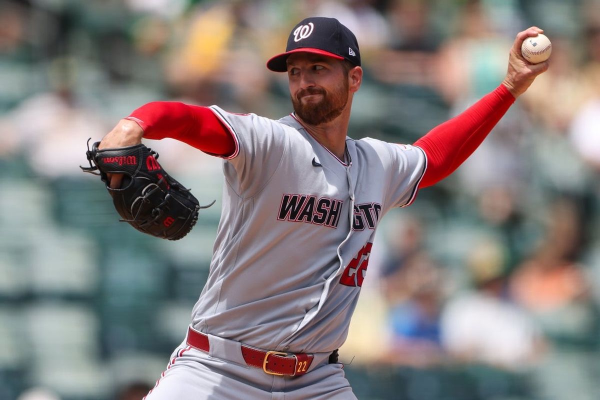 Jul 19, 2026; West Sacramento, California, USA;  Washington Nationals pitcher Foster Griffin (22) throws to an Athletics batter during the first inning at Sutter Health Park. Mandatory Credit: Scott Marshall-Imagn Images