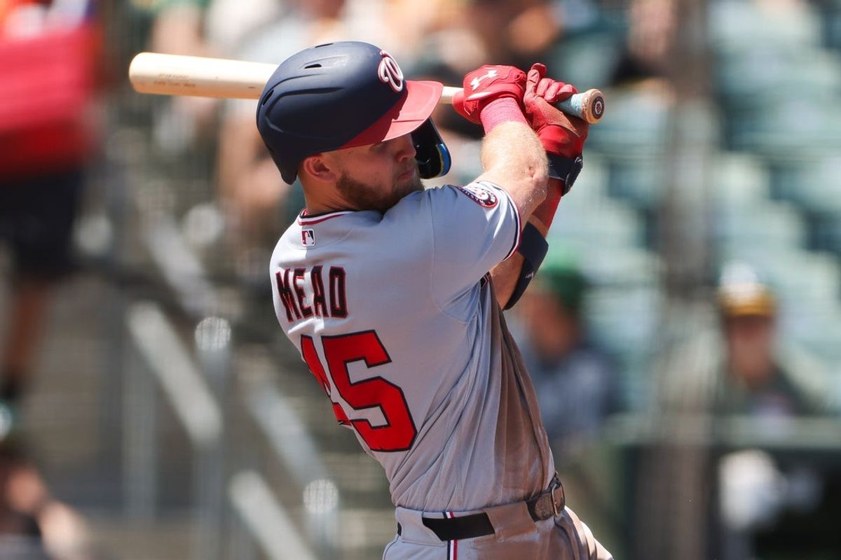 Jul 19, 2026; West Sacramento, California, USA; Washington Nationals third baseman Curtis Mead (45) grounds out resulting in an RBI during the third inning against the Athletics at Sutter Health Park. Mandatory Credit: Scott Marshall-Imagn Images
