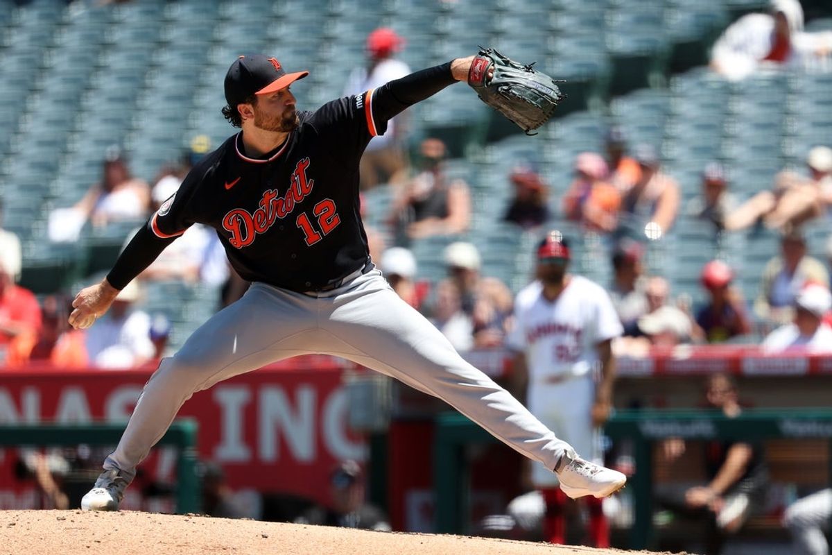 Jul 19, 2026; Anaheim, California, USA;  Detroit Tigers pitcher Casey Mize (12) pitches during the second inning against the Los Angeles Angels at Angel Stadium. Mandatory Credit: Kiyoshi Mio-Imagn Images