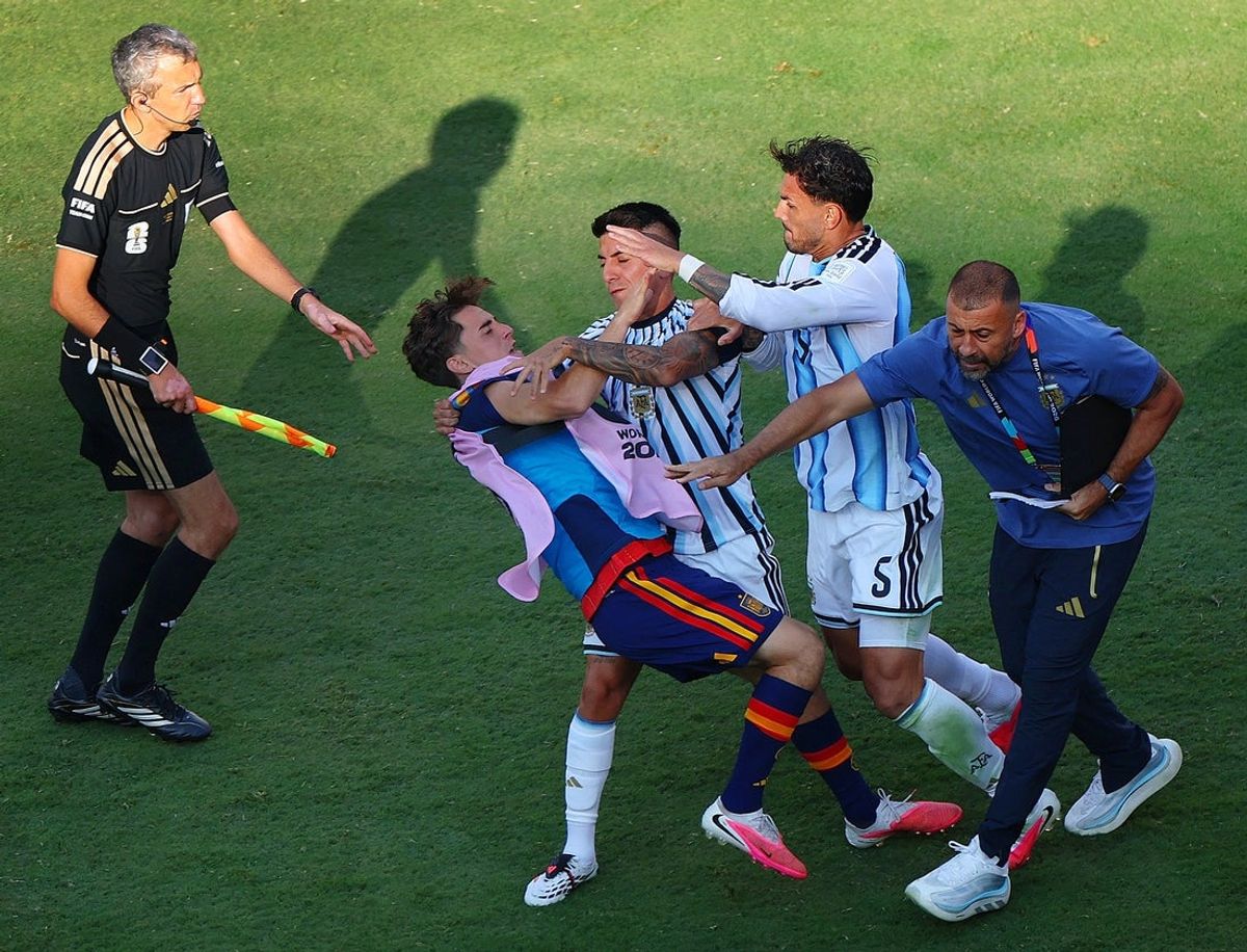 July 19, 2026; East Rutherford, New Jersey, U.S.; Argentina's Leandro Paredes and Thiago Almada clash with Spain's Gavi after the match.  Mandatory Credit: Mike Segar-Reuters via Imagn Images