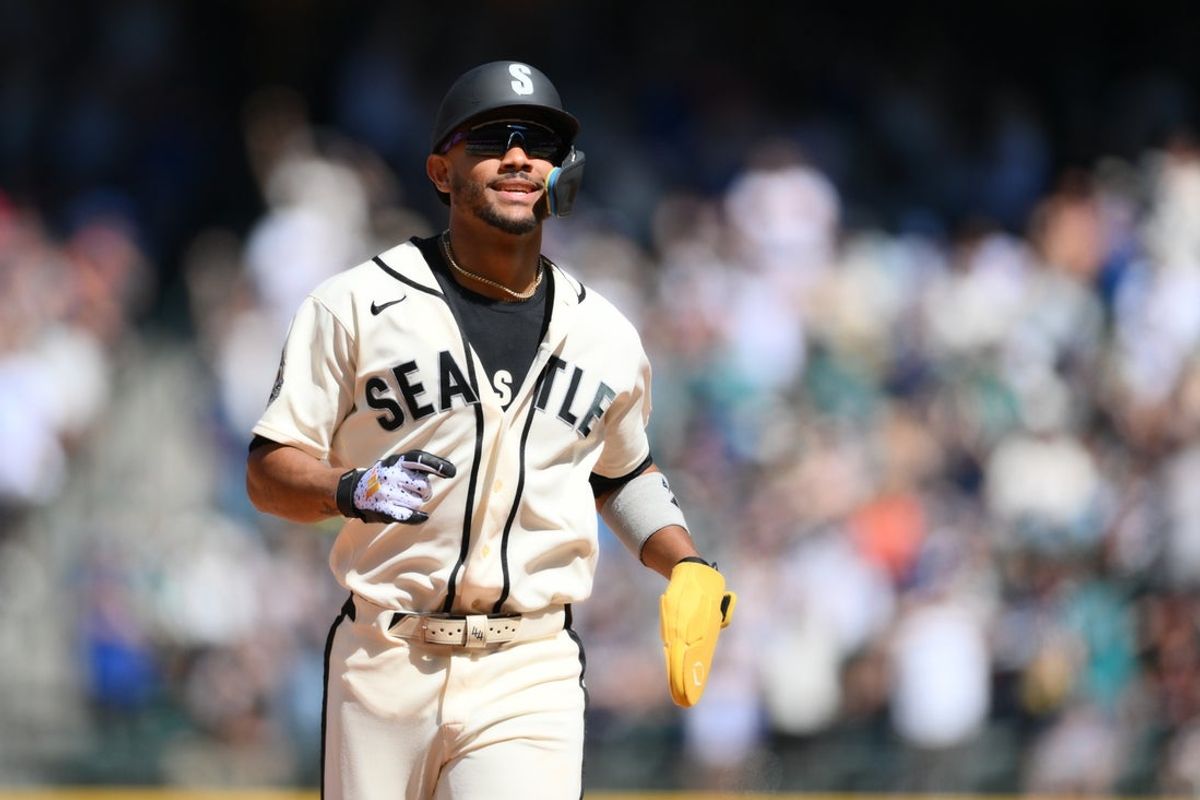 Jul 19, 2026; Seattle, Washington, USA; Seattle Mariners center fielder Julio Rodriguez (44) runs the bases after a home run hit by Seattle Mariners second baseman Cole Young (2) (not pictured) during the seventh inning against the San Francisco Giants at T-Mobile Park. Mandatory Credit: Steven Bisig-Imagn Images