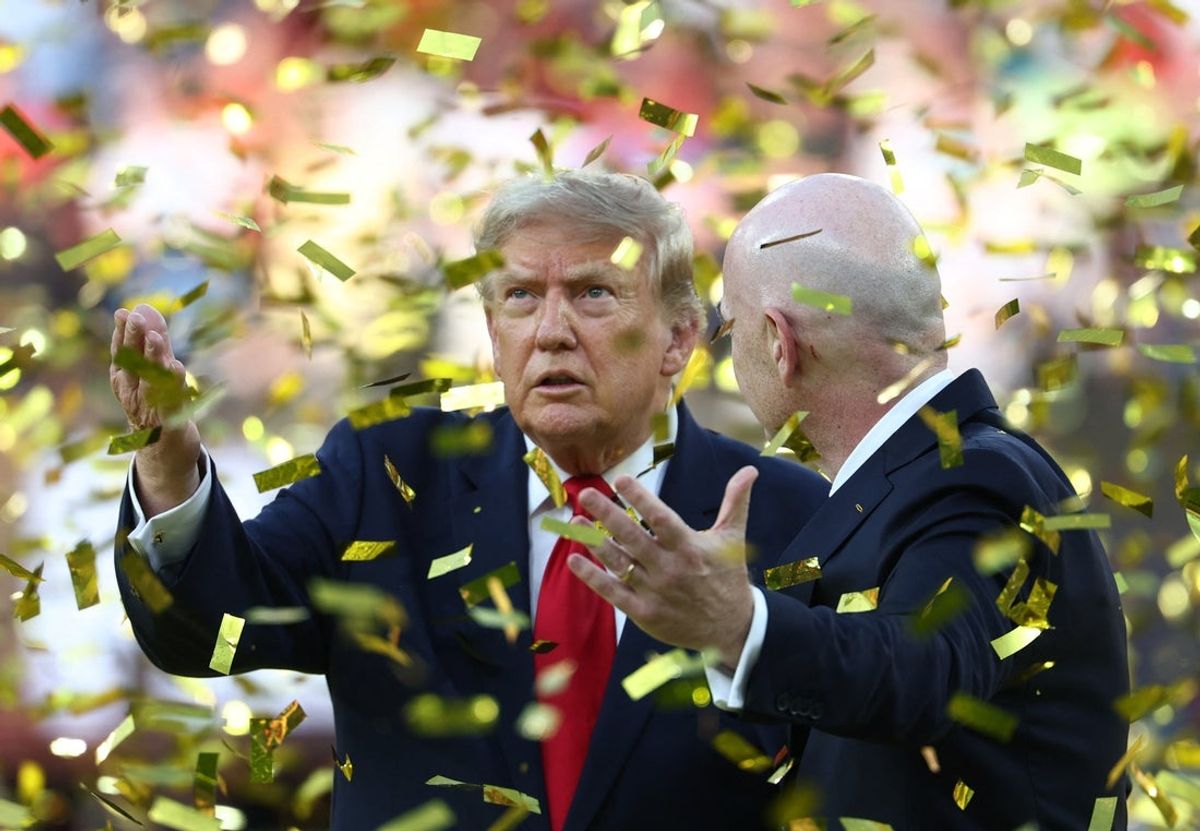 July 19, 2026; East Rutherford, New Jersey, U.S.; U.S. President Donald Trump and FIFA President Gianni Infantino during the trophy presentation after the match.  Mandatory Credit: Mark J Rebilas-Imagn Images