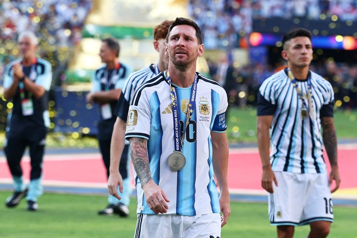 July 19, 2026; East Rutherford, New Jersey, U.S.; Argentina's Lionel Messi with the runners-up medal as he looks dejected after the match.  Mandatory Credit: Vincent Carchietta-Imagn Images