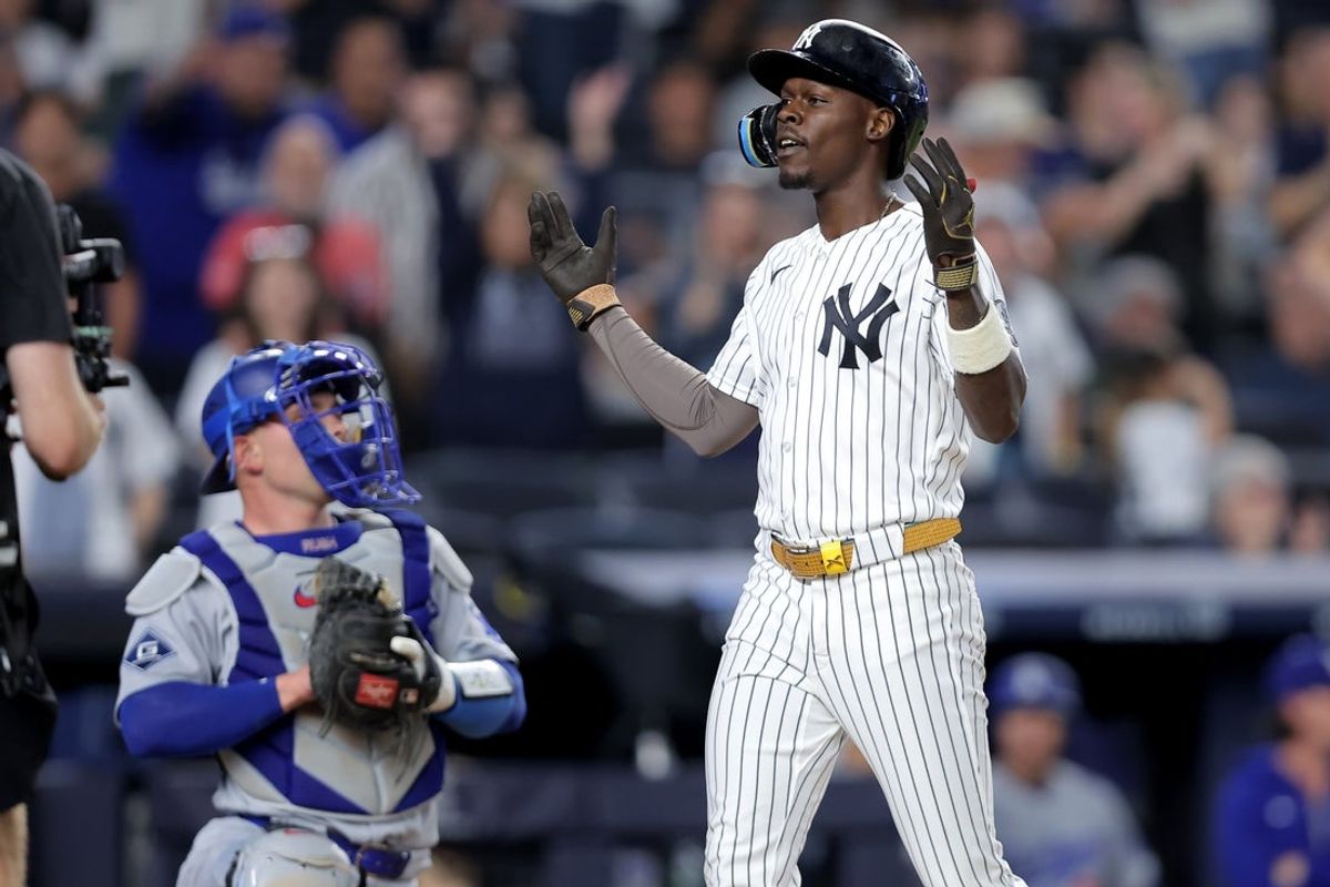 Jul 19, 2026; Bronx, New York, USA; New York Yankees second baseman Jazz Chisholm Jr. (13) celebrates his solo home run against the Los Angeles Dodgers during the eighth inning at Yankee Stadium. Mandatory Credit: Brad Penner-Imagn Images