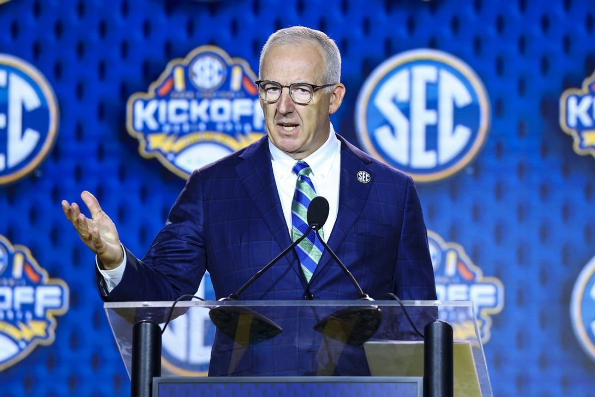 Jul 20, 2026; Tampa, FL, USA; SEC Commissioner Greg Sankey speaks to the press during SEC Football Kickoff Media Day at the Tampa Marriott. Mandatory Credit: Nathan Ray Seebeck-Imagn Images