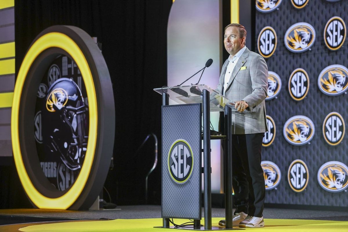 Jul 20, 2026; Tampa, FL, USA; Missouri Tigers head coach Eliah Drinkwitz speaks to the press during SEC Football Kickoff Media Day at the Tampa Marriott. Mandatory Credit: Nathan Ray Seebeck-Imagn Images