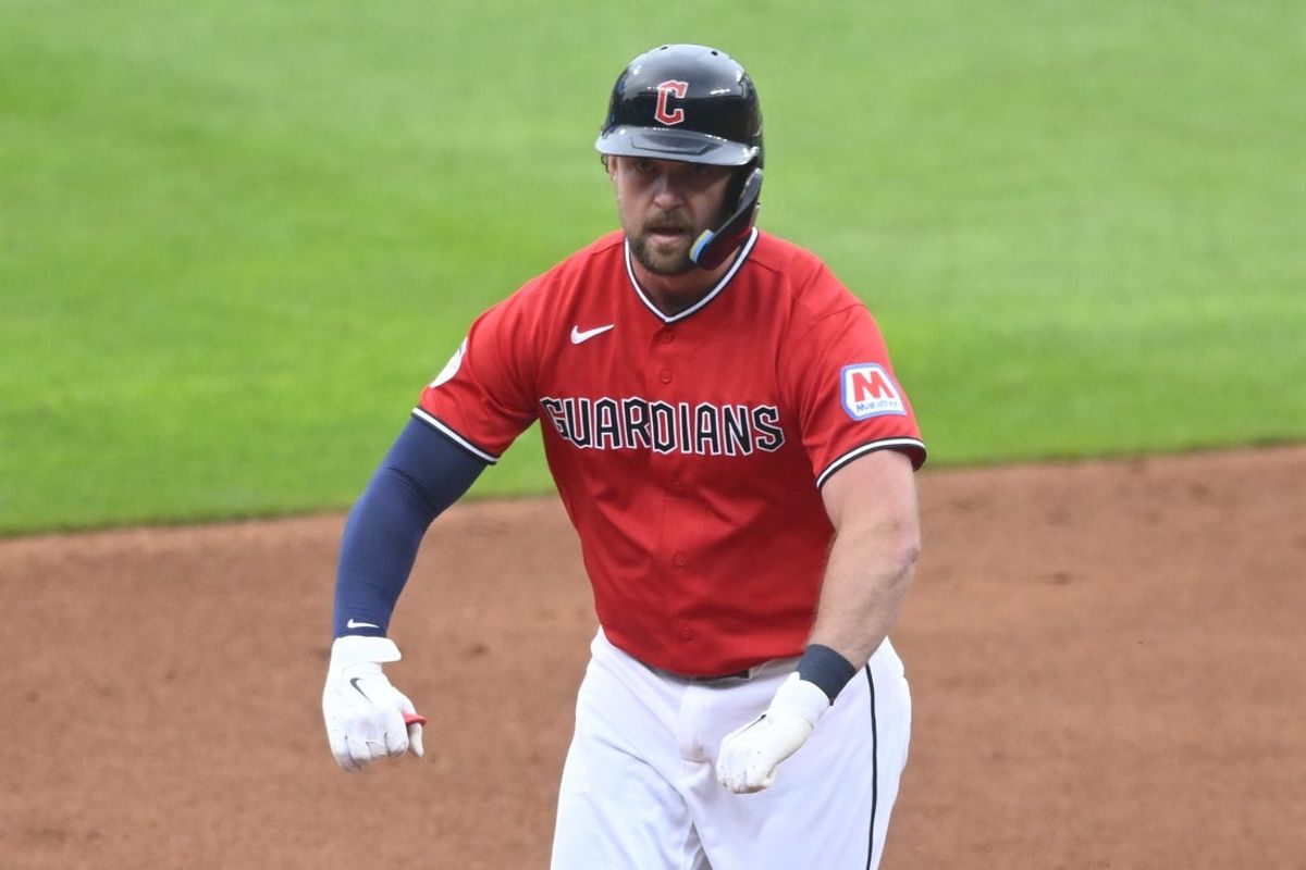 Jul 20, 2026; Cleveland, Ohio, USA; Cleveland Guardians designated hitter Rhys Hoskins (8) celebrates his solo home run in the first inning against the Minnesota Twins at Progressive Field. Mandatory Credit: David Richard-Imagn Images