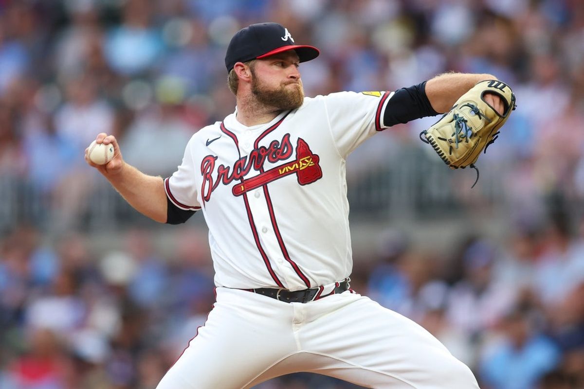 Jul 20, 2026; Atlanta, Georgia, USA; Atlanta Braves starting pitcher Bryce Elder (55) throws against the San Diego Padres in the second inning at Truist Park. Mandatory Credit: Brett Davis-Imagn Images