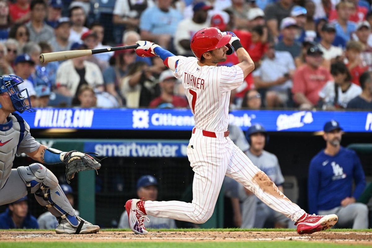Jul 20, 2026; Philadelphia, Pennsylvania, USA; Philadelphia Phillies shortstop Trea Turner (7) hits a two run home run during the second inning against the Los Angeles Dodgers at Citizens Bank Park. Mandatory Credit: Eric Hartline-Imagn Images