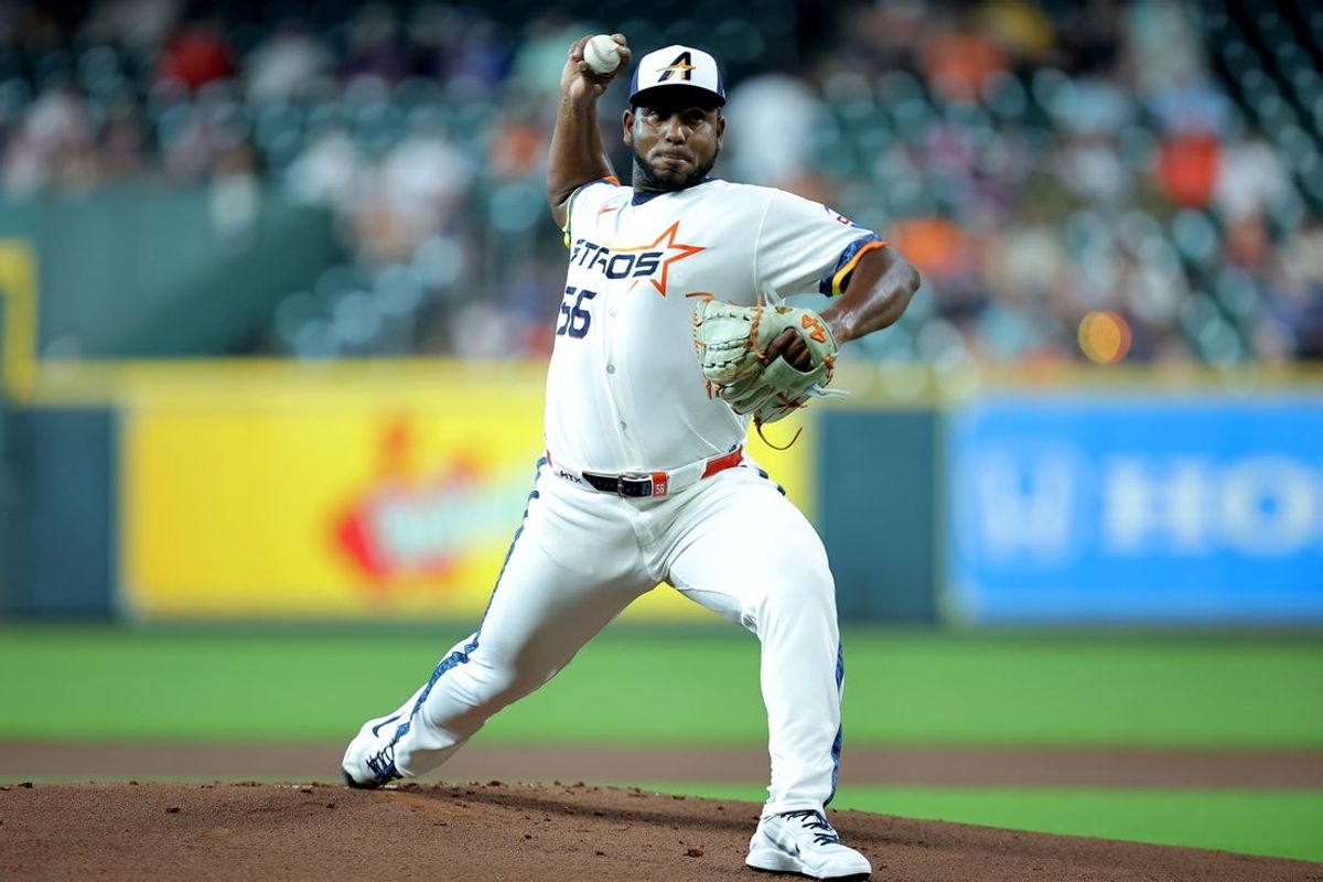 Jul 20, 2026; Houston, Texas, USA; Houston Astros pitcher Ronel Blanco (56) delivers a pitch against the Miami Marlins during the first inning at Daikin Park. Mandatory Credit: Erik Williams-Imagn Images