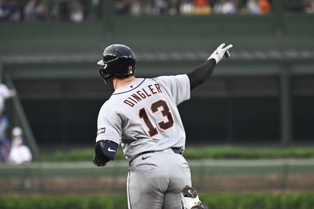 Jul 20, 2026; Chicago, Illinois, USA;  Detroit Tigers catcher Dillon Dingler (13) points after he hits a solo home run during the first inning against the Chicago Cubs at Wrigley Field. Mandatory Credit: Matt Marton-Imagn Images