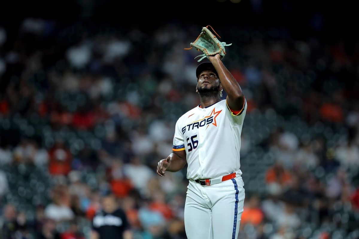 Jul 20, 2026; Houston, Texas, USA; Houston Astros pitcher Ronel Blanco (56) reacts after retiring the side against the Miami Marlins during the fourth inning at Daikin Park. Mandatory Credit: Erik Williams-Imagn Images