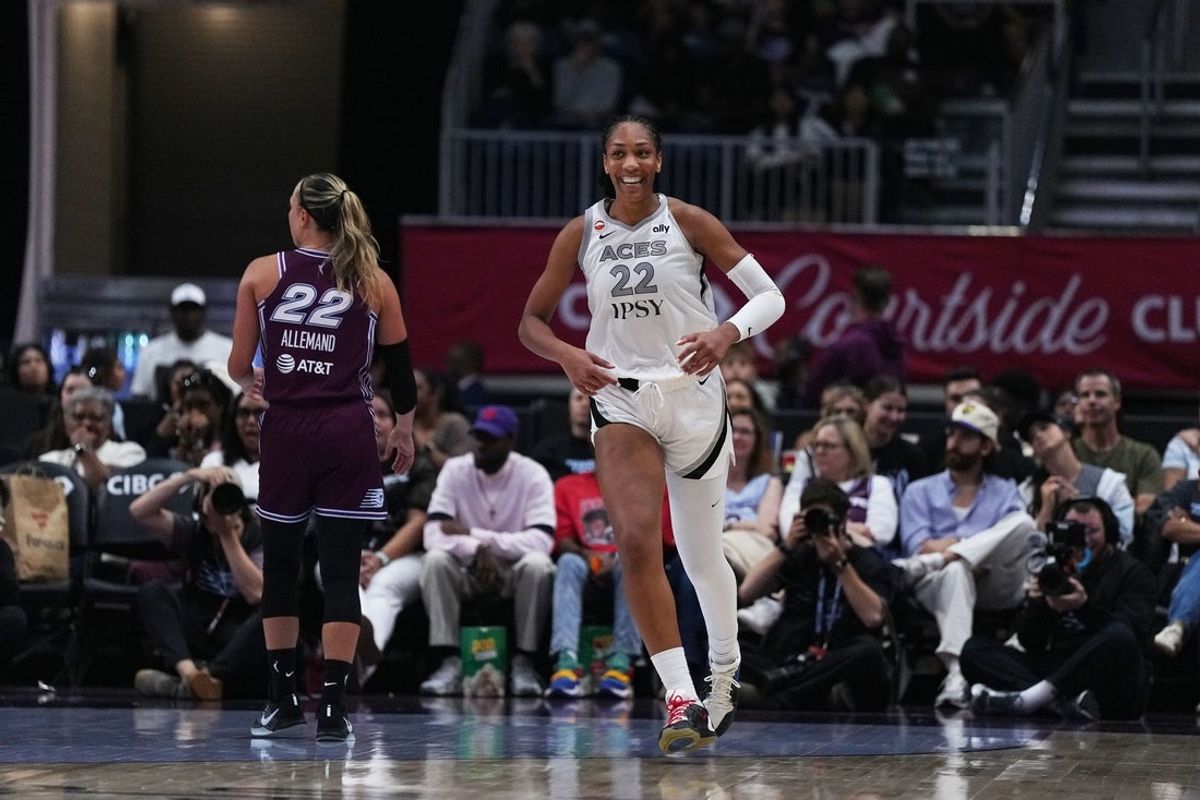 Jul 20, 2026; Toronto, Ontario, CAN; Las Vegas Aces center A'ja Wilson (22) reacts against the Toronto Tempo during the third quarter at Coca-Cola Coliseum. Mandatory Credit: Nick Turchiaro-Imagn Images