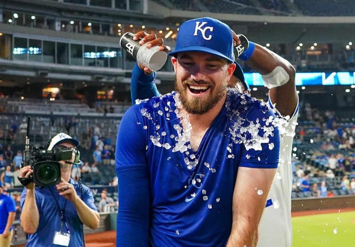 Jul 20, 2026; Kansas City, Missouri, USA; Kansas City Royals third baseman Nick Loftin (12) is doused with water after hitting a walk off bunt during the ninth inning against the San Francisco Giants at Kauffman Stadium. Mandatory Credit: Denny Medley-Imagn Images