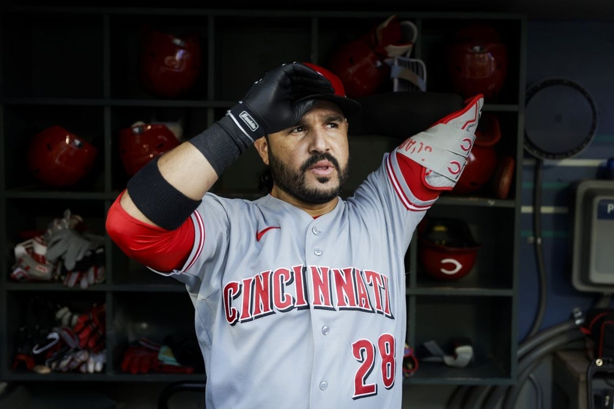 Jul 20, 2026; Seattle, Washington, USA; Cincinnati Reds designated hitter Eugenio Suarez (28) stands in the dugout during the first inning against the Seattle Mariners at T-Mobile Park. Mandatory Credit: Joe Nicholson-Imagn Images