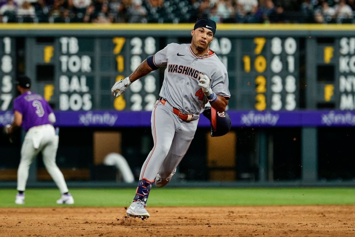 Jul 20, 2026; Denver, Colorado, USA; Washington Nationals left fielder Daylen Lile (4) runs to third on an RBI triple in the ninth inning against the Colorado Rockies at Coors Field. Mandatory Credit: Isaiah J. Downing-Imagn Images