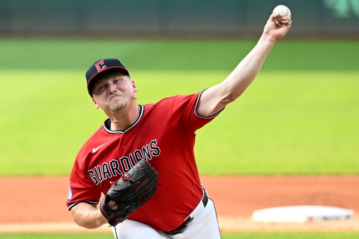 Jul 21, 2026; Cleveland, Ohio, USA; Cleveland Guardians pitcher Parker Messick (77) throws a pitch during the first inning against the Minnesota Twins at Progressive Field. Mandatory Credit: Ken Blaze-Imagn Images