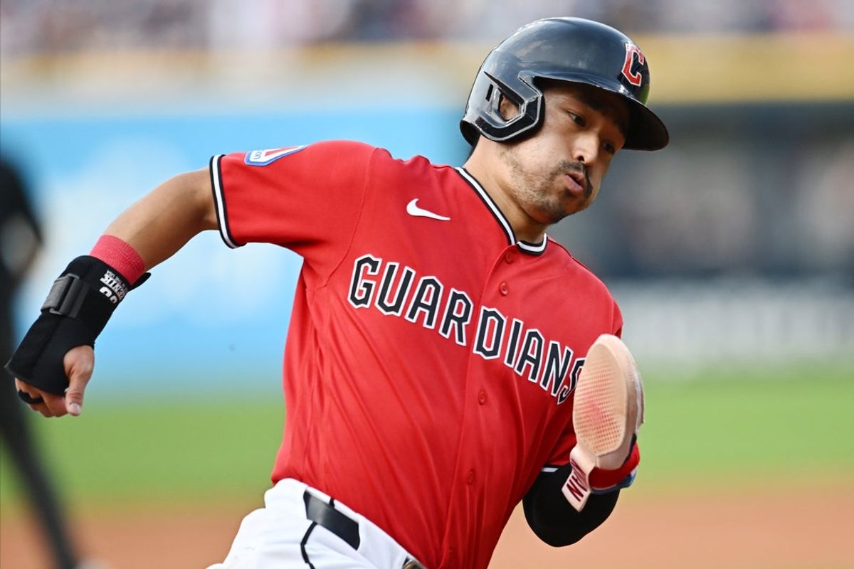 Jul 21, 2026; Cleveland, Ohio, USA; Cleveland Guardians left fielder Steven Kwan (38) rounds third base en route to scoring during the third inning against the Minnesota Twins at Progressive Field. Mandatory Credit: Ken Blaze-Imagn Images