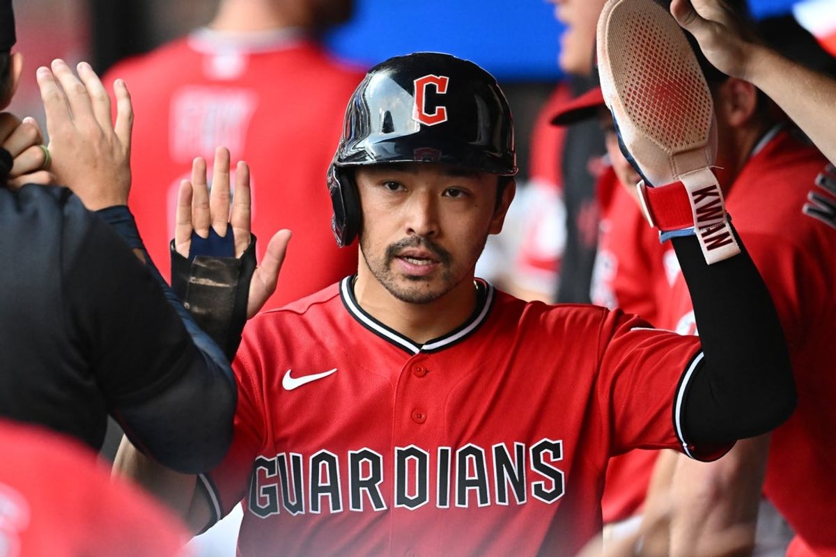 Jul 21, 2026; Cleveland, Ohio, USA; Cleveland Guardians left fielder Steven Kwan (38) celebrates after scoring during the third inning against the Minnesota Twins at Progressive Field. Mandatory Credit: Ken Blaze-Imagn Images