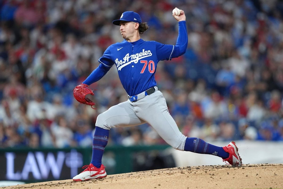 Jul 21, 2026; Philadelphia, Pennsylvania, USA; Los Angeles Dodgers starting pitcher Justin Wrobleski (70) throws a pitch against the Philadelphia Phillies in the first inning at Citizens Bank Park. Mandatory Credit: Kyle Ross-Imagn Images