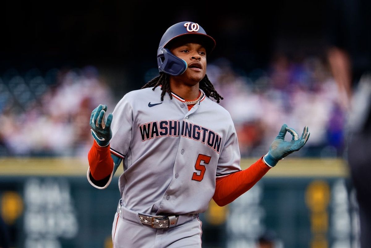 Jul 21, 2026; Denver, Colorado, USA; Washington Nationals shortstop CJ Abrams (5) rounds the bases on a two run home run in the first inning against the Colorado Rockies at Coors Field. Mandatory Credit: Isaiah J. Downing-Imagn Images