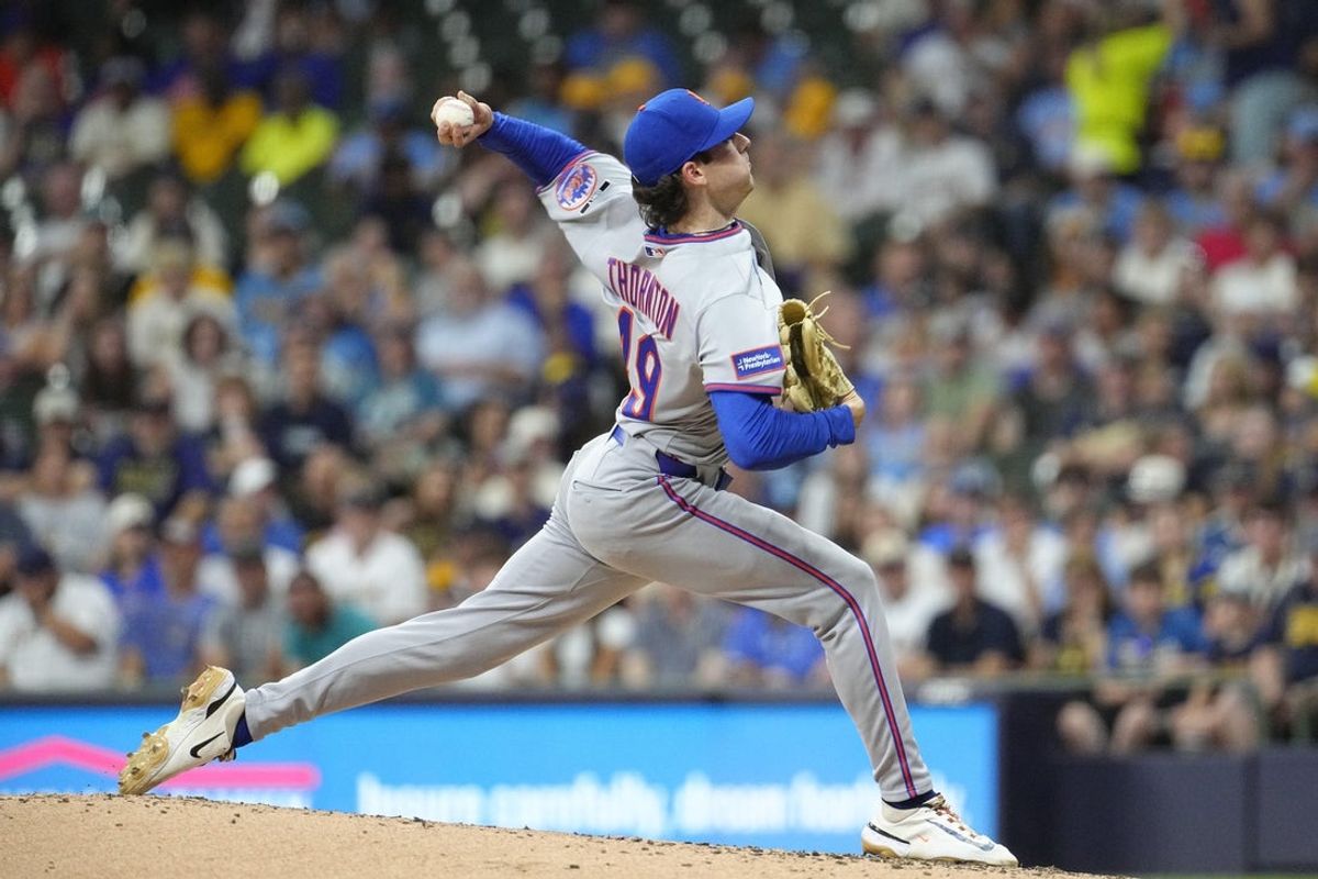 Jul 21, 2026; Milwaukee, Wisconsin, USA; New York Mets pitcher Zac Thornton (49) delivers  a pitch against the Milwaukee Brewers in the second inning  at American Family Field. Mandatory Credit: Michael McLoone-Imagn Images
