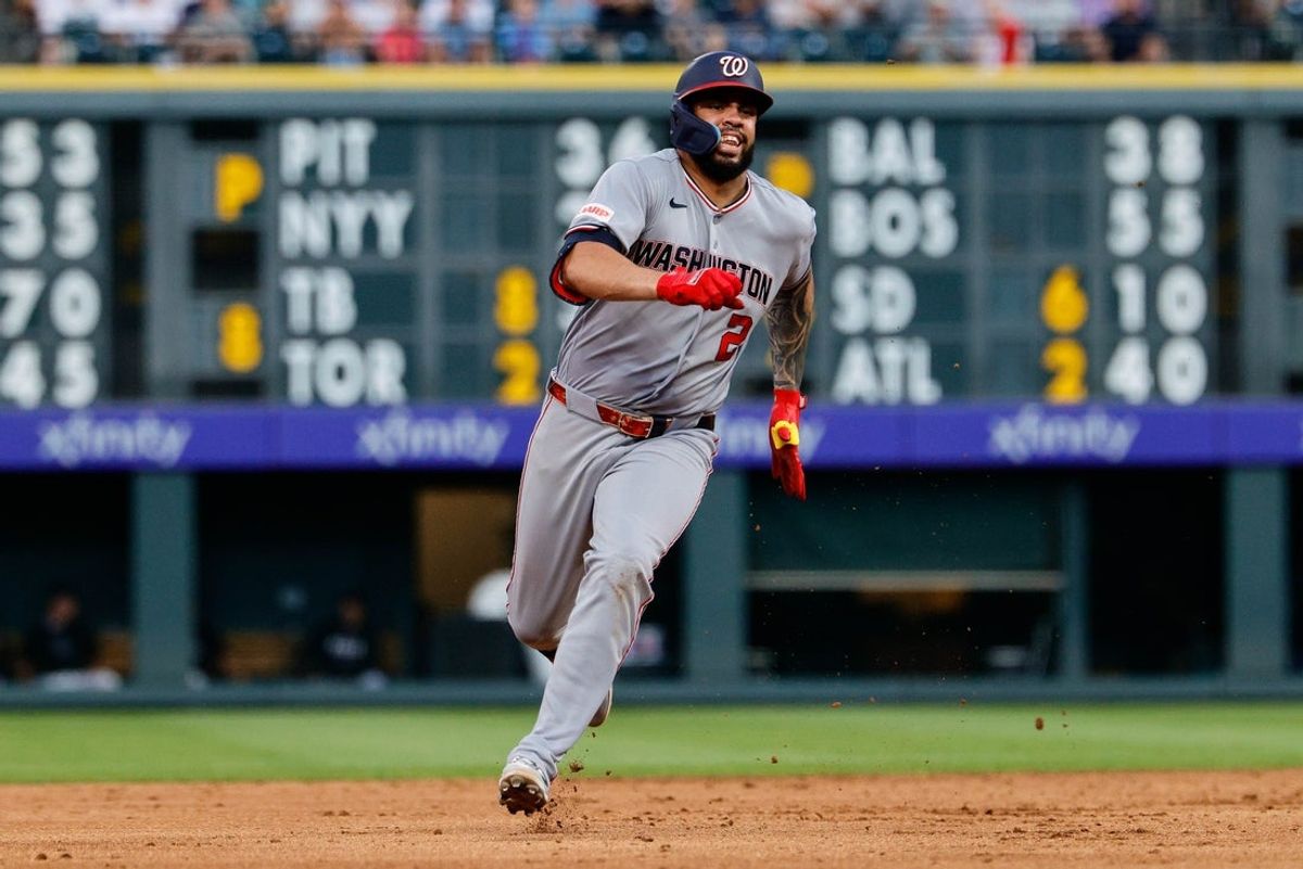 Jul 21, 2026; Denver, Colorado, USA; Washington Nationals first baseman Luis Garcia Jr. (2) runs to third on a triple in the third inning against the Colorado Rockies at Coors Field. Mandatory Credit: Isaiah J. Downing-Imagn Images