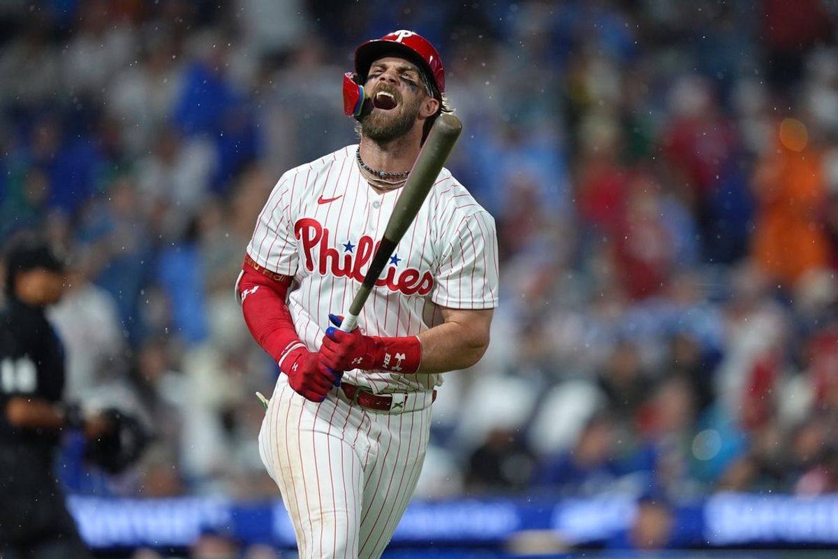 Jul 21, 2026; Philadelphia, Pennsylvania, USA; Philadelphia Phillies infielder Bryce Harper (3) reacts after flying out against the Los Angeles Dodgers in the eighth inning at Citizens Bank Park. Mandatory Credit: Kyle Ross-Imagn Images