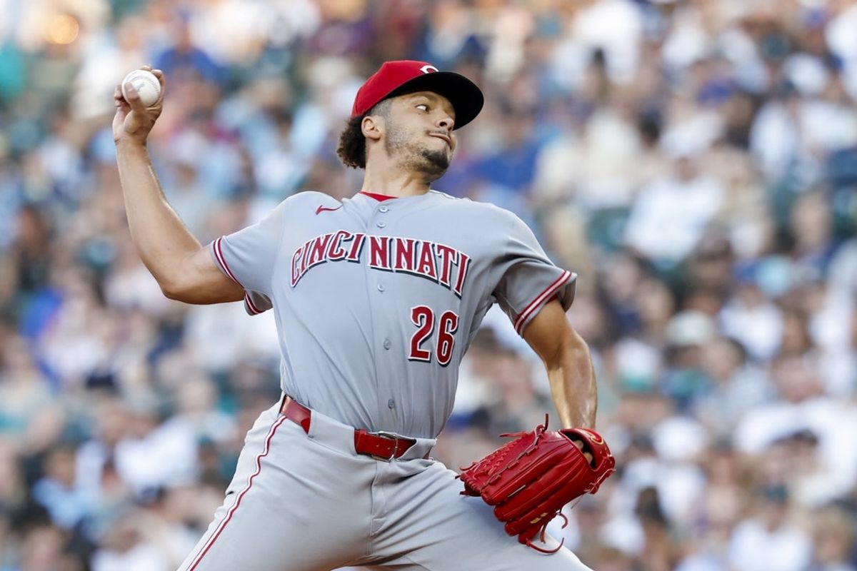 Jul 21, 2026; Seattle, Washington, USA; Cincinnati Reds starting pitcher Chase Burns (26) throws against the Seattle Mariners during the fourth inning at T-Mobile Park. Mandatory Credit: Joe Nicholson-Imagn Images