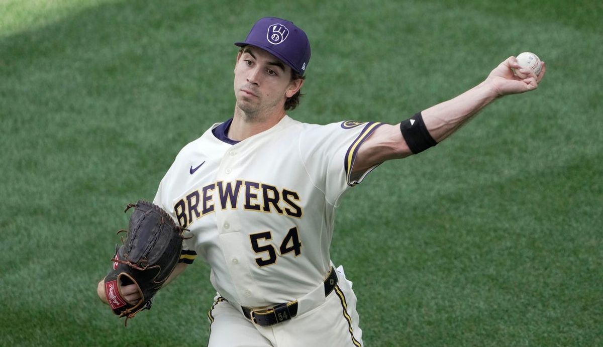 Milwaukee Brewers pitcher Robert Gasser (54) warms up before their game against the New York Mets Wednesday, July 22, 2026 at American Family Field in Milwaukee, Wisconsin.