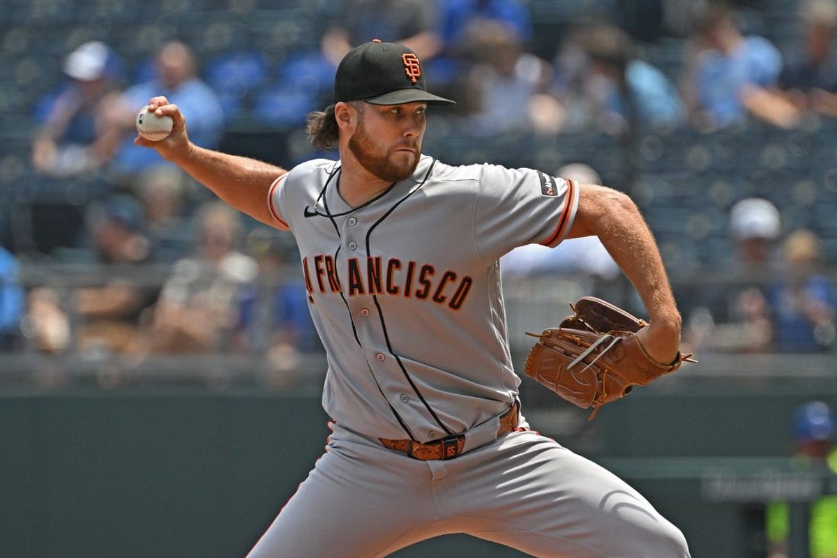 Jul 22, 2026; Kansas City, Missouri, USA;  San Francisco Giants starting pitcher Landen Roupp (65) throws a pitch in the first inning against the Kansas City Royals at Kauffman Stadium. Mandatory Credit: Peter Aiken-Imagn Images