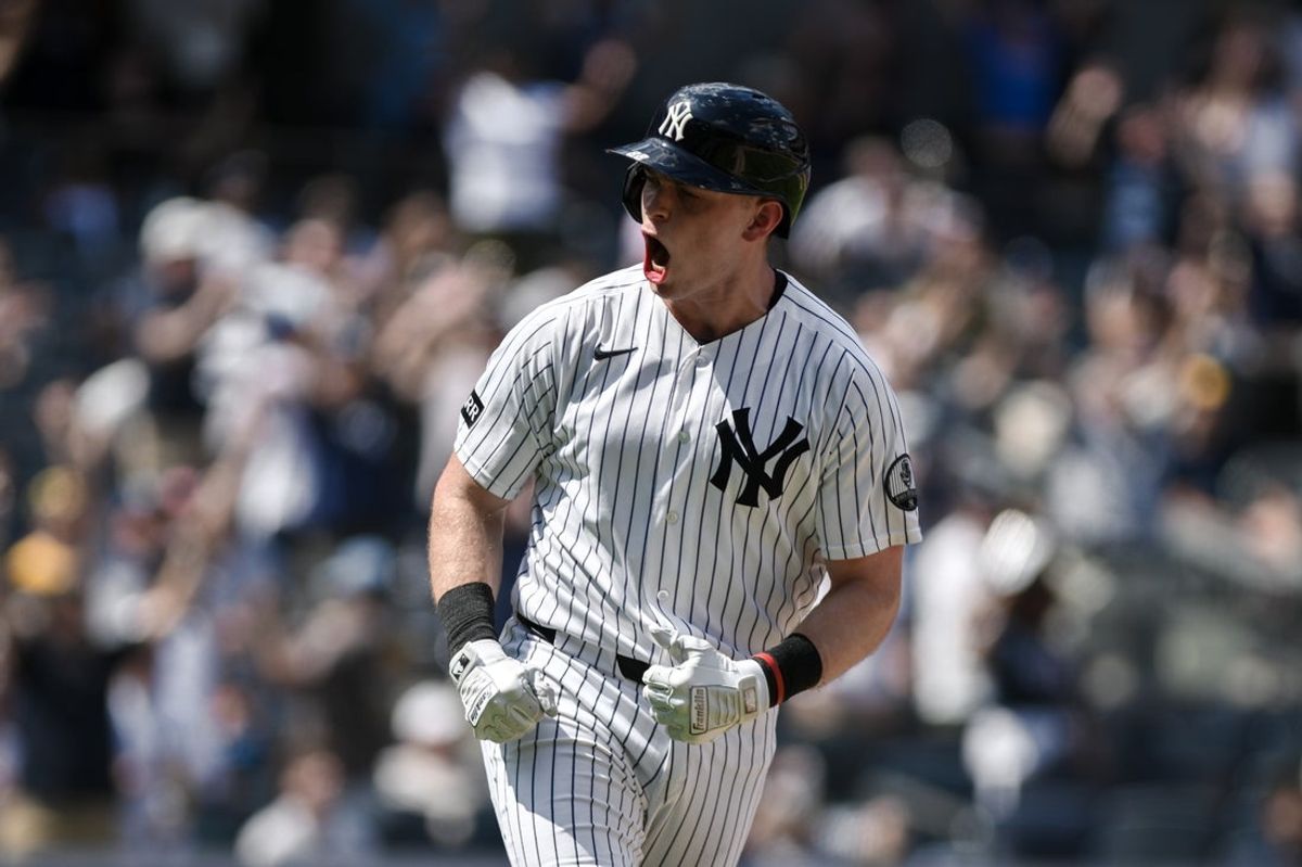 Jul 22, 2026; Bronx, New York, USA; New York Yankees first baseman Ben Rice (22) reacts after hitting a three run home run against the Pittsburgh Pirates during the seventh inning at Yankee Stadium. Mandatory Credit: John Jones-Imagn Images