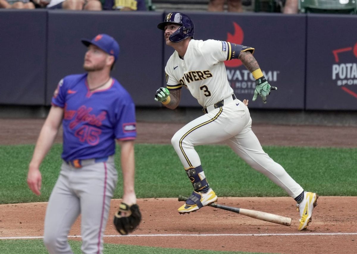 Milwaukee Brewers shortstop Joey Ortiz (3) hits a two-run triple off of New York Mets pitcher Christian Scott (45) during the second inning of their game Wednesday, July 22, 2026 at American Family Field in Milwaukee, Wisconsin.