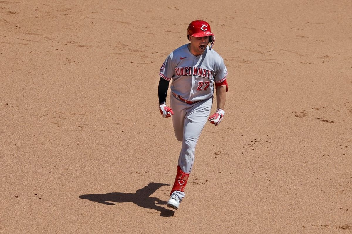 Jul 22, 2026; Seattle, Washington, USA; Cincinnati Reds first baseman Sal Stewart (27) celebrates while running the bases after hitting a three-run home run against the Seattle Mariners during the seventh inning at T-Mobile Park. Mandatory Credit: Joe Nicholson-Imagn Images