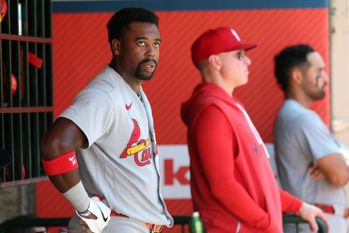 Jul 22, 2026; Anaheim, California, USA;  St. Louis Cardinals right fielder Jordan Walker (18) looks on in the dugout during the eighth inning against the Los Angeles Angels at Angel Stadium. Mandatory Credit: Kiyoshi Mio-Imagn Images