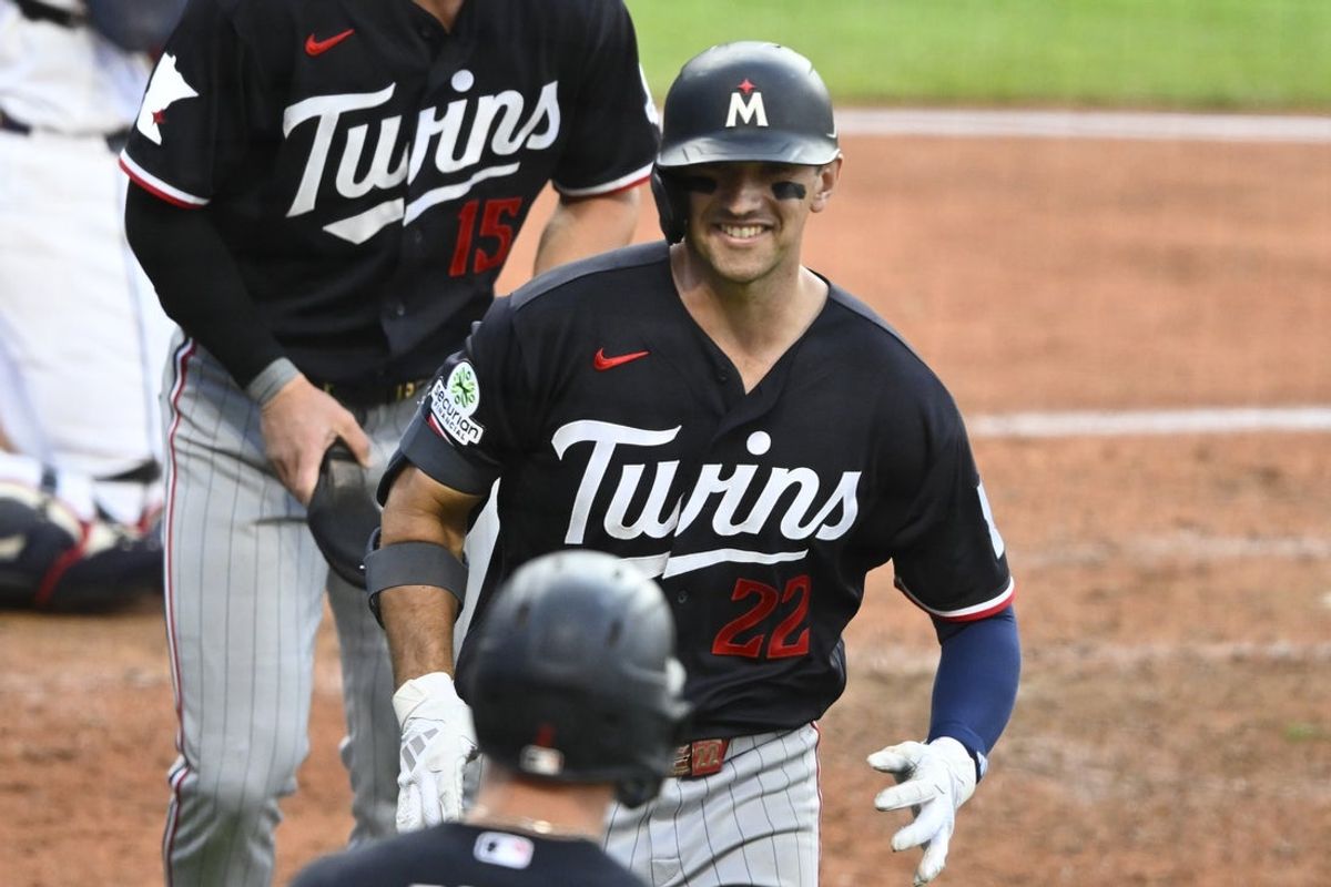 Jul 22, 2026; Cleveland, Ohio, USA; Minnesota Twins shortstop Brooks Lee (22) celebrates his three-run home run in the fourth inning against the Cleveland Guardians at Progressive Field. Mandatory Credit: David Richard-Imagn Images