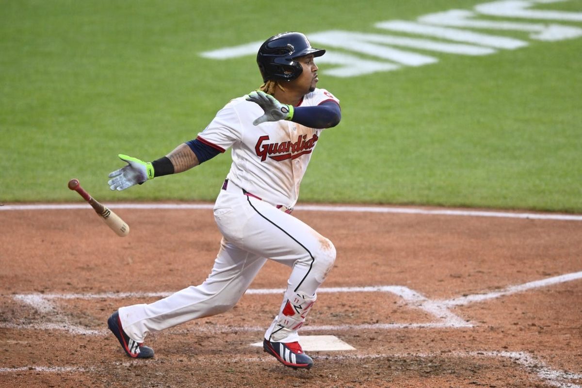 Jul 22, 2026; Cleveland, Ohio, USA; Cleveland Guardians third baseman Jose Ramirez (11) grounds into a fielder’s choice while knocking in a run in the fourth inning against the Minnesota Twins at Progressive Field. Mandatory Credit: David Richard-Imagn Images